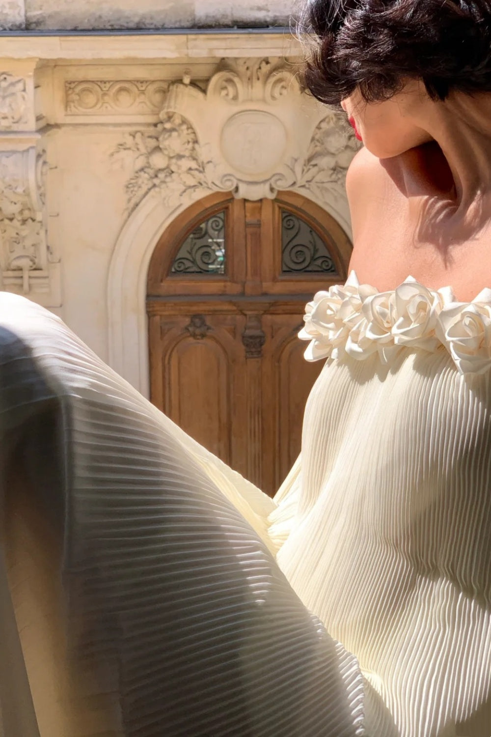 Robe de soirée française à fleurs 3D, épaules dénudées : mousseline plissée, ceinture dos nu, robe style station thermale féerique NV6402