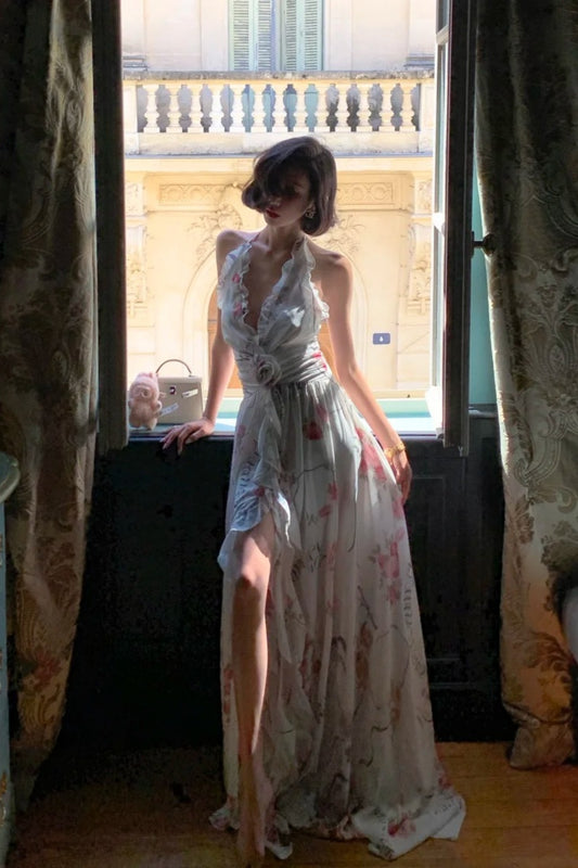 Robe longue dos nu imprimée roses de jardin français, style féerique NV6403