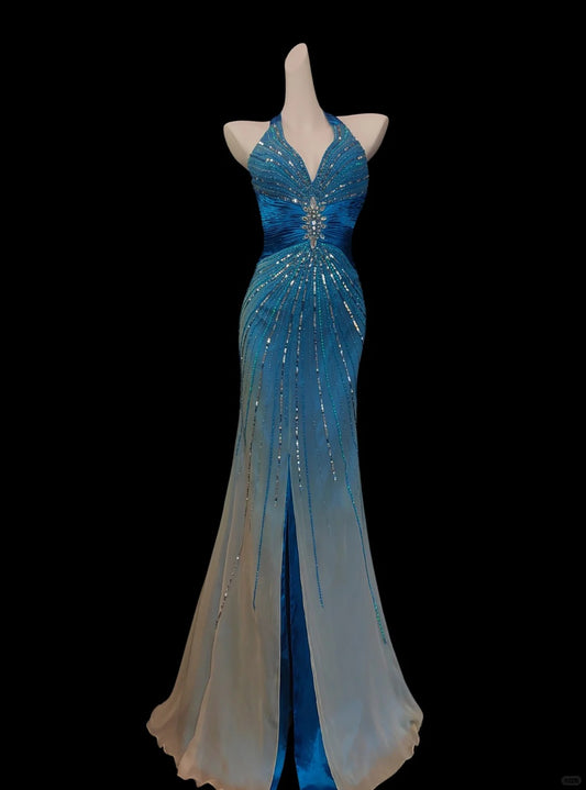 Vintage water blue exquisite beaded elegant strap long chiffon floor-length prom dress evening dress nv5234
