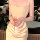 Square Neck Boned Corset Champagne Satin Mermaid Gown Draped Formal Evening Dress  NV6881