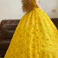 Yellow Vintage Elegant Floral Beaded Long Tulle Princess Ball Gown nv5009