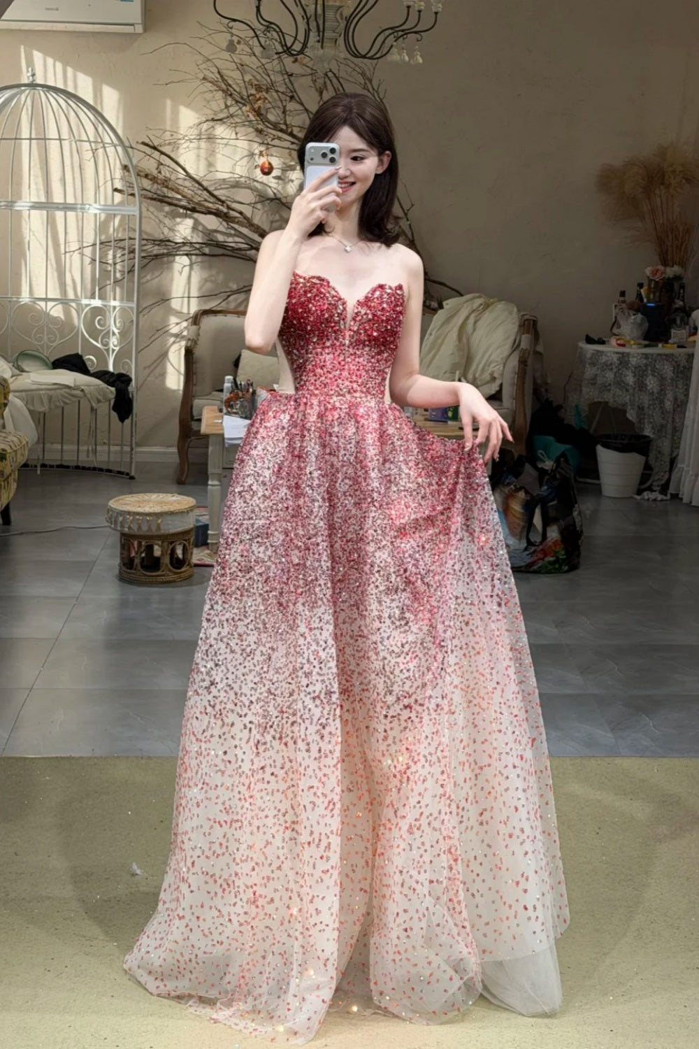 Robe de bal longue sans manches, style dégradé féérique | Robe de bal maxi en tulle à sequins rose poudré pour gala, fiançailles ou soirée de luxe NV6272