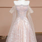 A luxurious, sweet, fairy-like, long, tulle, beaded ball gown in cherry blossom pink. nv5075
