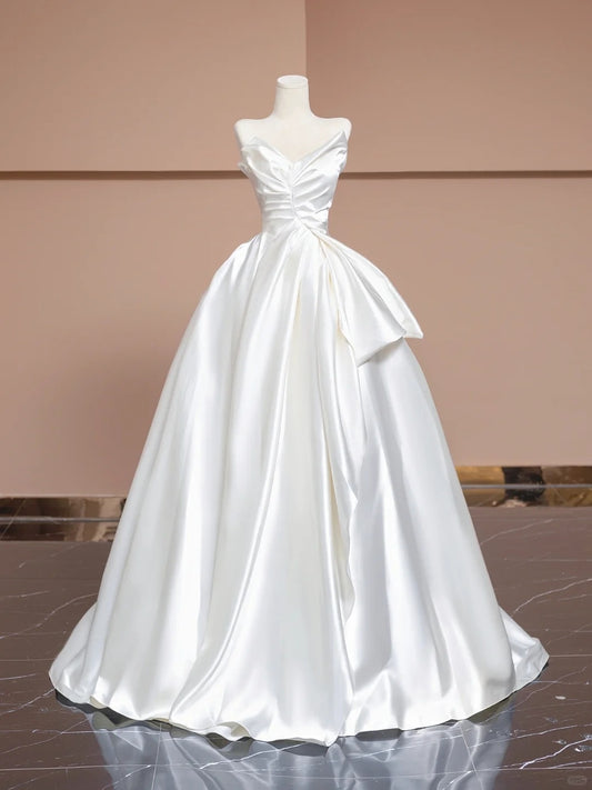 Stylish, elegant, and simple white long satin wedding dress, ball gown, and evening gown. nv5078