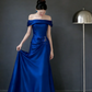 Robe longue bleu marine à épaules dénudées - Col bénitier, traîne ornée de perles, idéale pour les soirées, tapis rouges et bals à thème (NV6824)