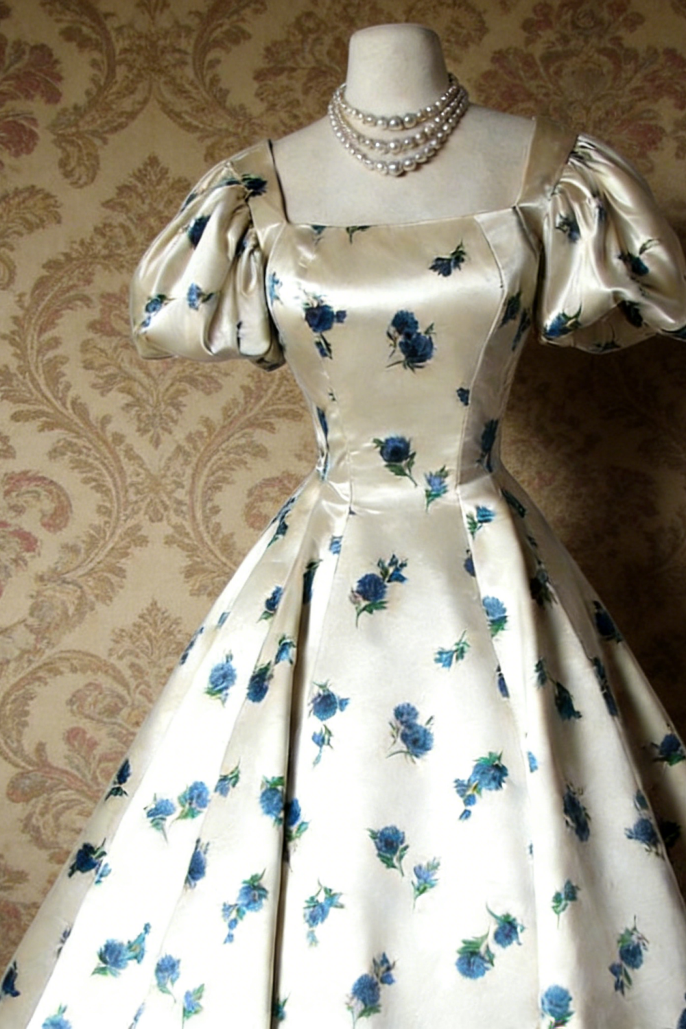 Robe midi bleu satiné à manches bouffantes et col carré, style rétro, idéale pour une soirée légère ou un rendez-vous amoureux (NV6804)