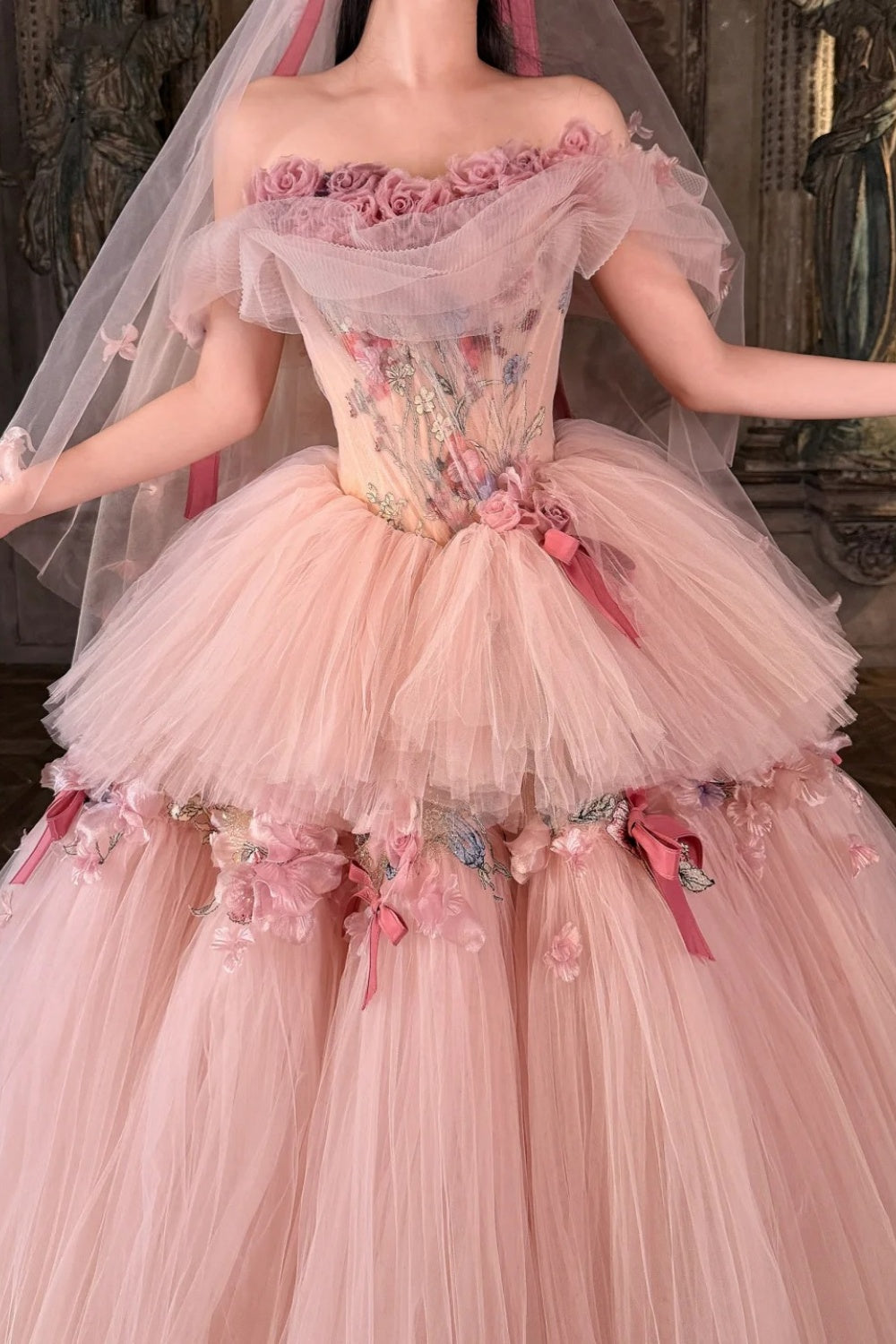 Robe de bal longue en tulle rose à fleurs NV6654