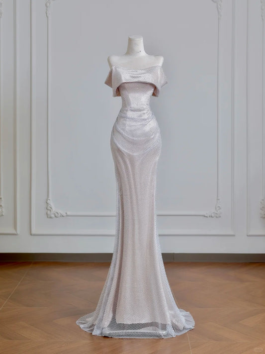 Silver Shiny Elegant Long Satin Prom Dress Evening Dress Party Dress nv4950