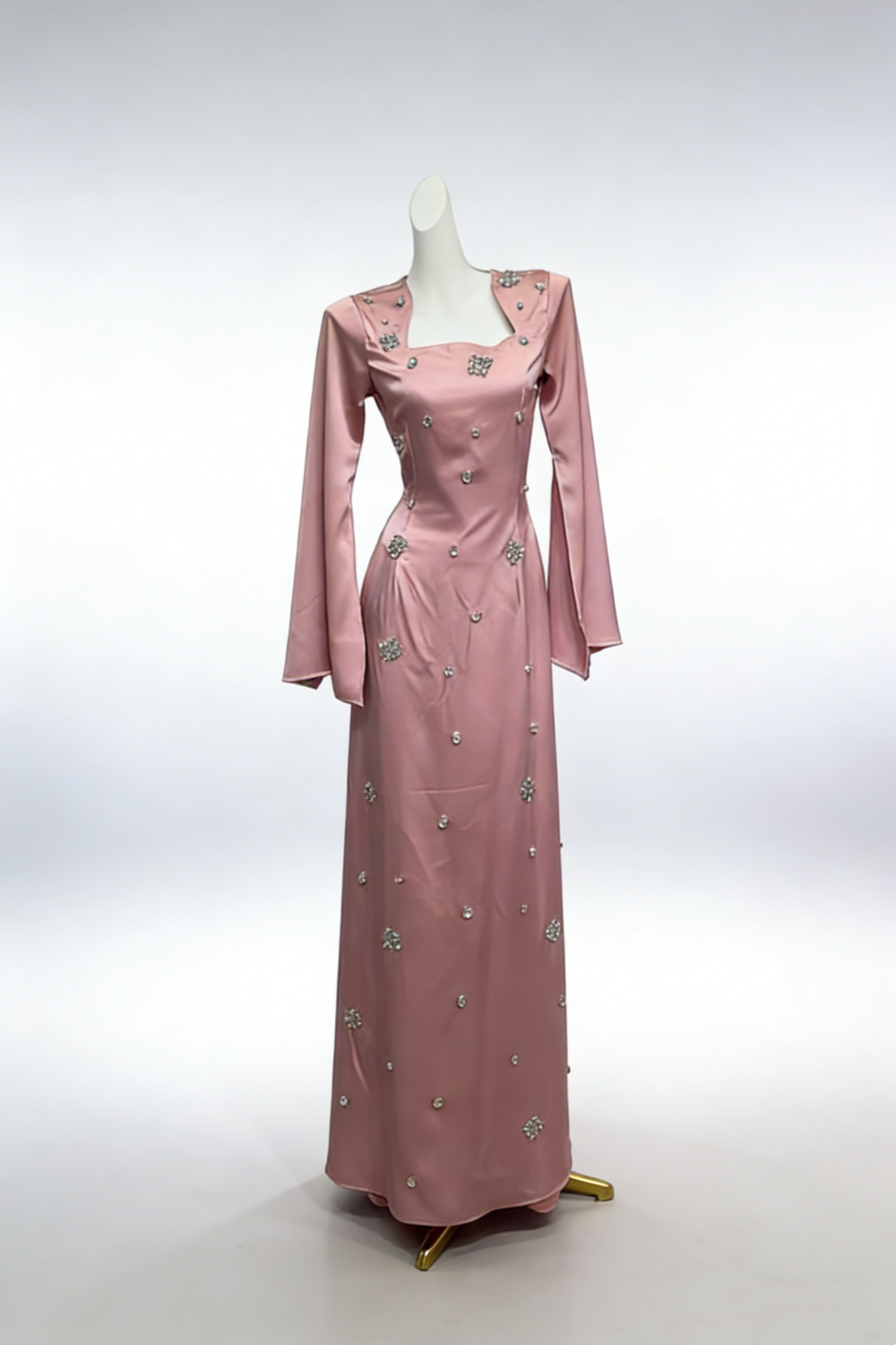 Robe longue en satin et cristaux à manches évasées - Robe élégante cintrée à col carré NV6796