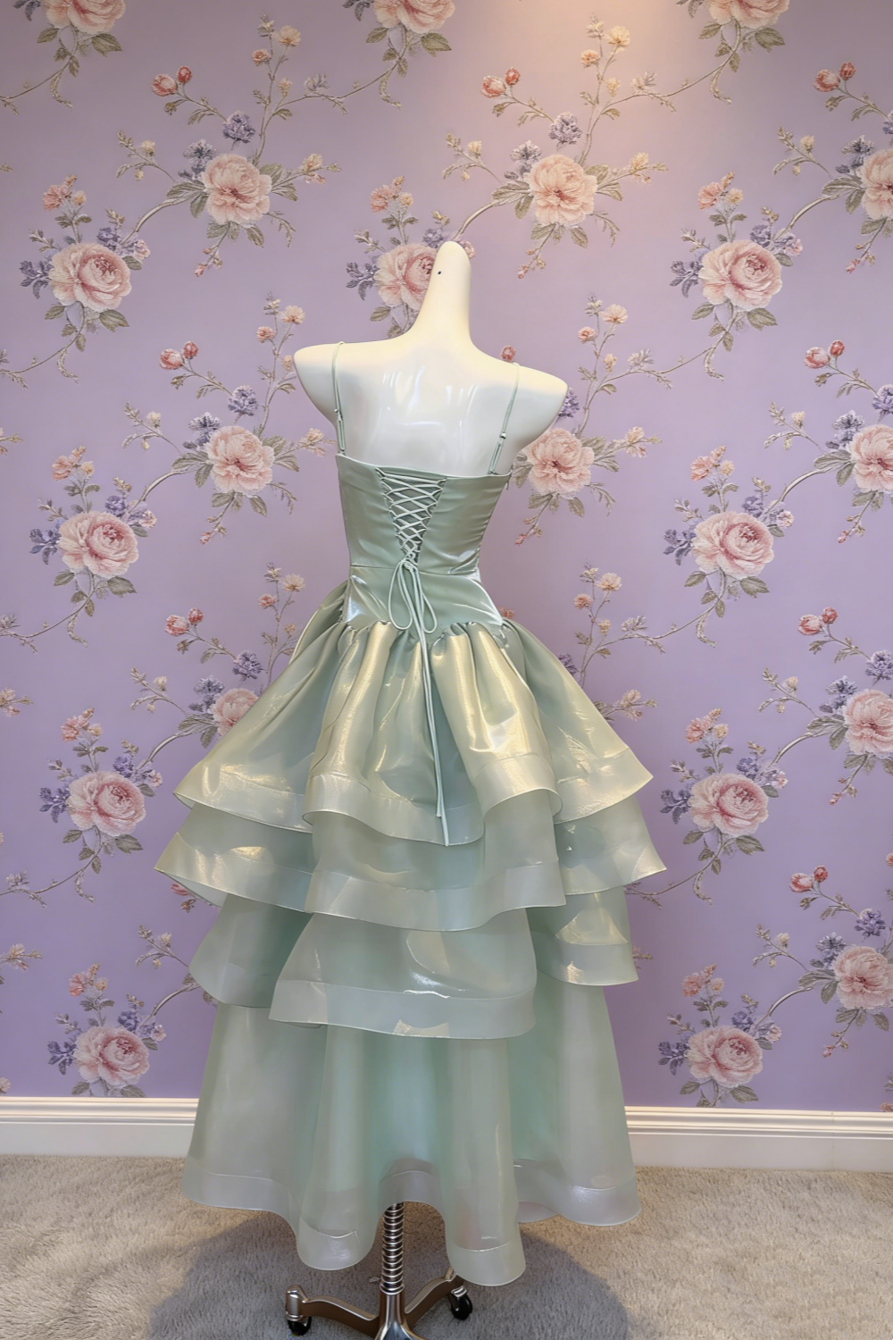 Robe de soirée en organza vert menthe scintillant à fines bretelles spaghetti - Robe asymétrique vaporeuse à volants NV6785