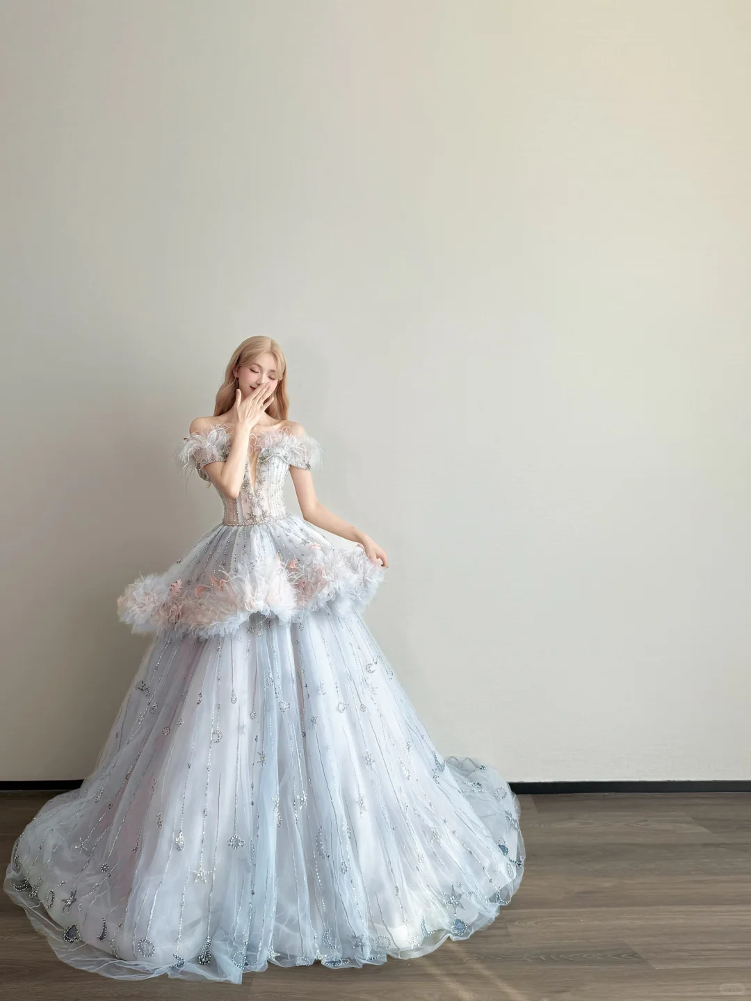 Light Ice Blue Feather Off Shoulder Prom Gown Star Moon Rhinestone Tulle Formal Dress  NV7165
