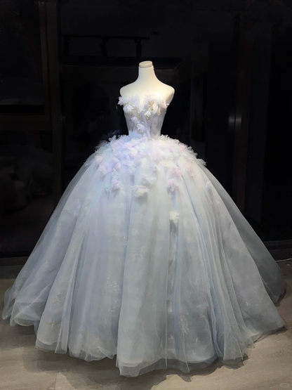 Strapless Light Ice Blue Prom Dress 3D Flower Rhinestone Beaded Tulle Fairy Ball Gown  NV7058