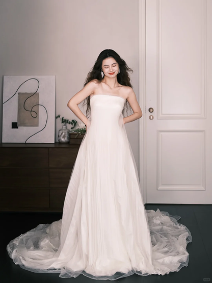 Strapless Pleated Tulle A Line Wedding Gown, Simple Bridal Dress  NV7344