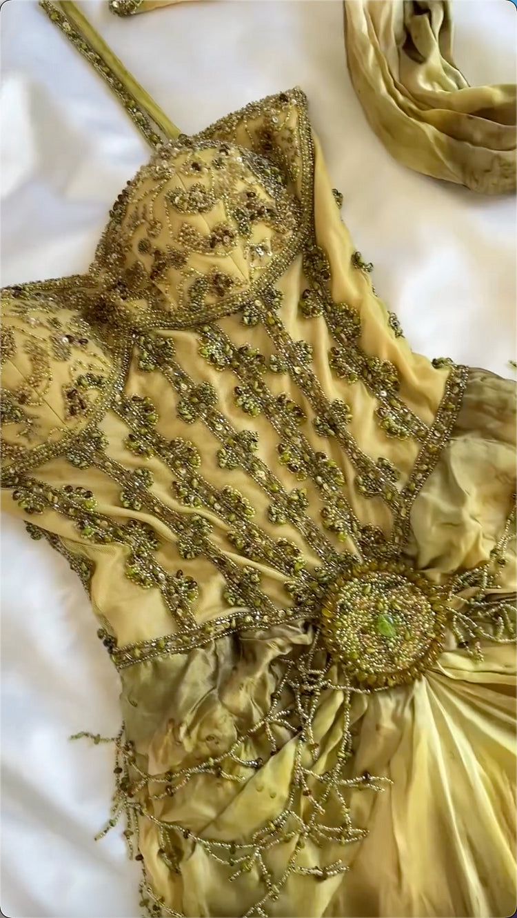 Gold Gorgeous Exquisite Beading Spaghetti Strap Long Chiffon Ball Gown Evening Gown Party Dress nv3541