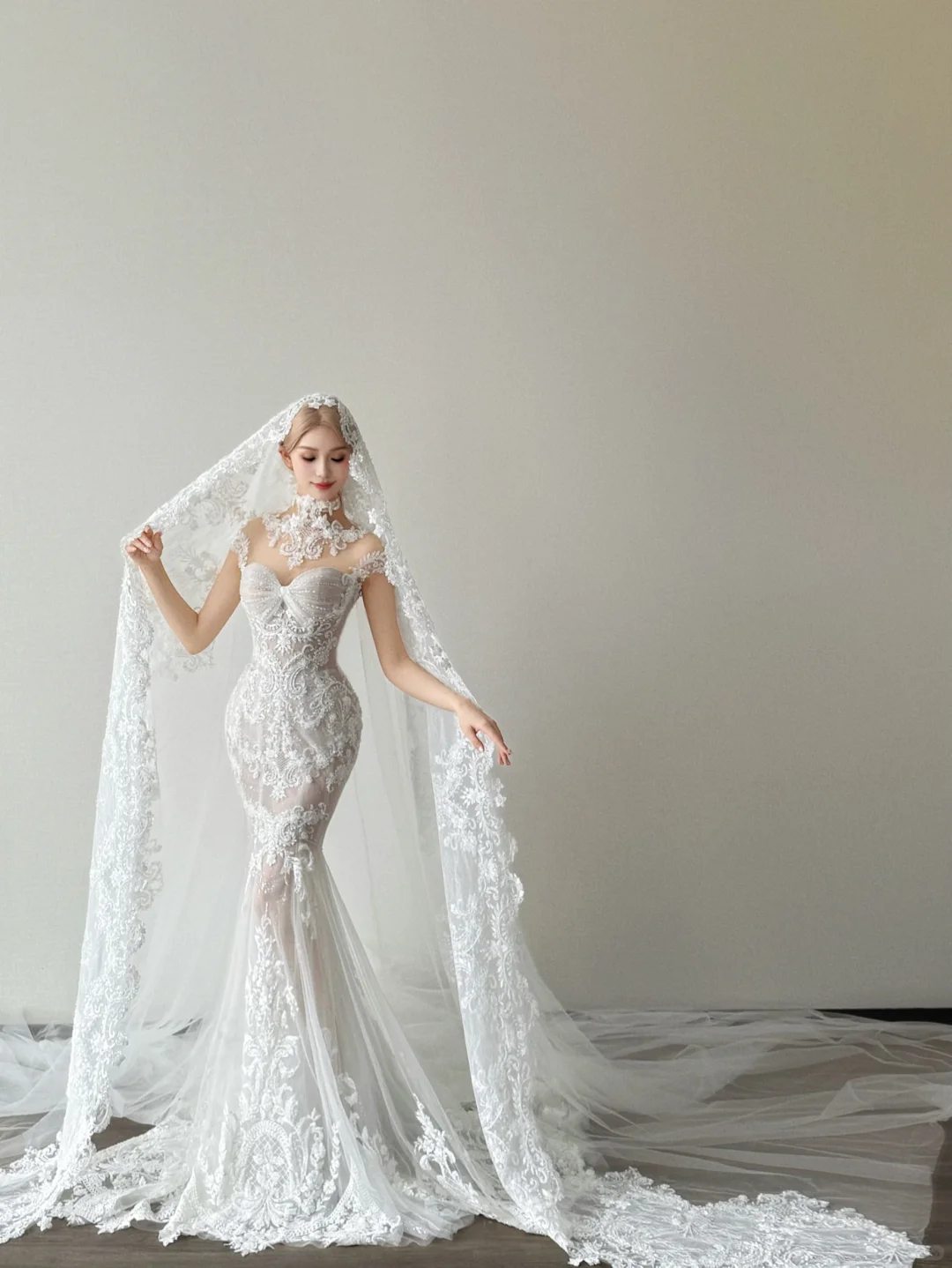 White Sweetheart Sheer Mermaid Wedding Dress Lace Applique Hooded Veil  NV7146
