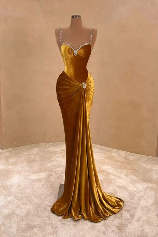 Robe sirène longue sans manches en velours doré ornée de perles NiceVestidos NV6182