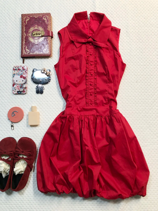 Red Sleeveless Short Homecoming Dress Collar Bow Decor Bubble Skirt Vintage Cocktail Gown  NV6924