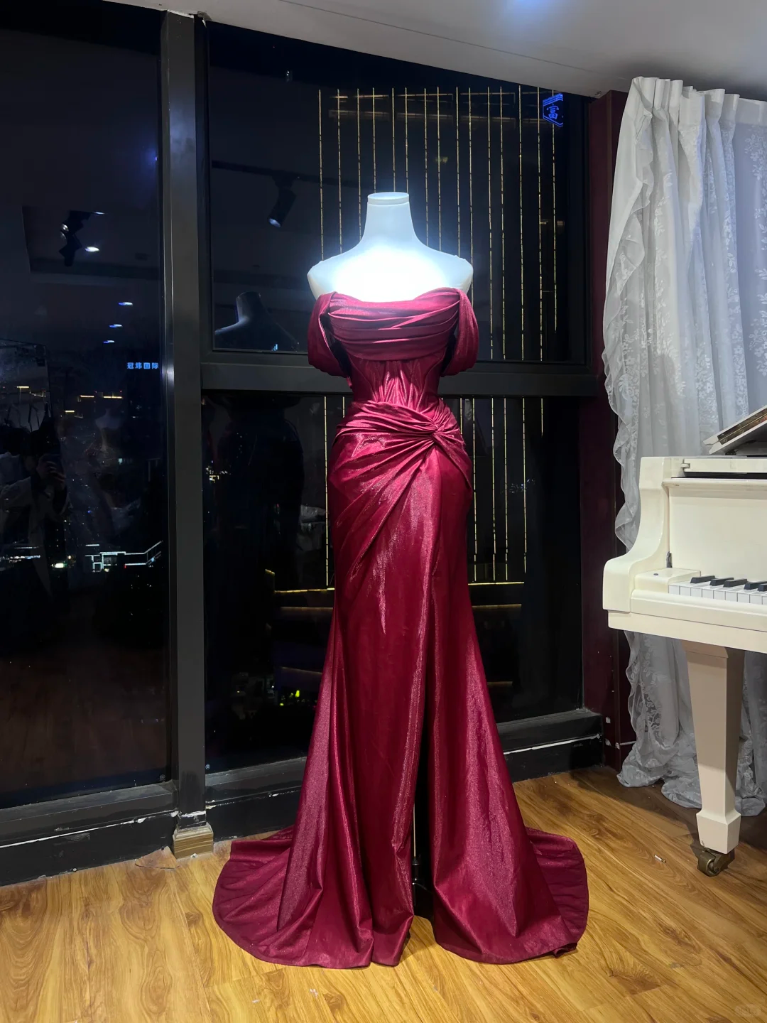 Burgundy Off Shoulder Mermaid Evening Dress, Draped Ruched Shimmer Gown With Train  NV7089