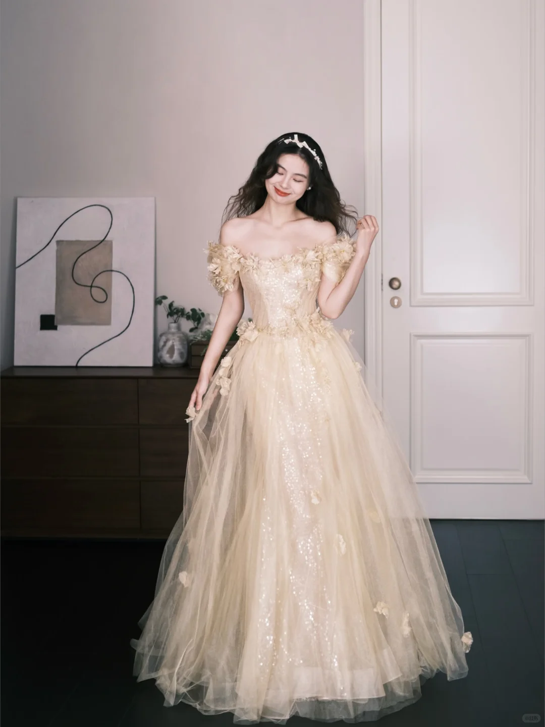 Off-the-Shoulder Champagne Sequin Tulle Prom Dress, 3D Flower Princess Ball Gown  NV7309