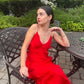 Red Stylish Elegant spaghetti strap Long Chiffon Ruffle Ball Gown Holiday Birthday Party Dress Evening Dress Prom Dress nv3955