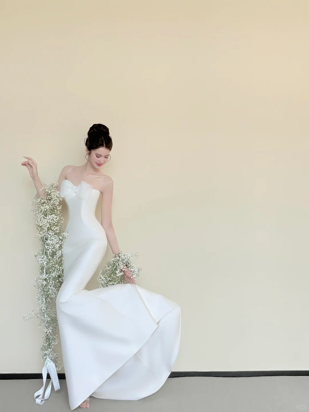 Strapless White Satin Mermaid Wedding Gown, Big Bow Accent Elegant Bridal Dress  NV7437