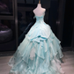 Strapless Mint Blue Prom Dress Satin Ruched Hand Beading 3D Flower Organza Ruffle Ball Gown  NV7051