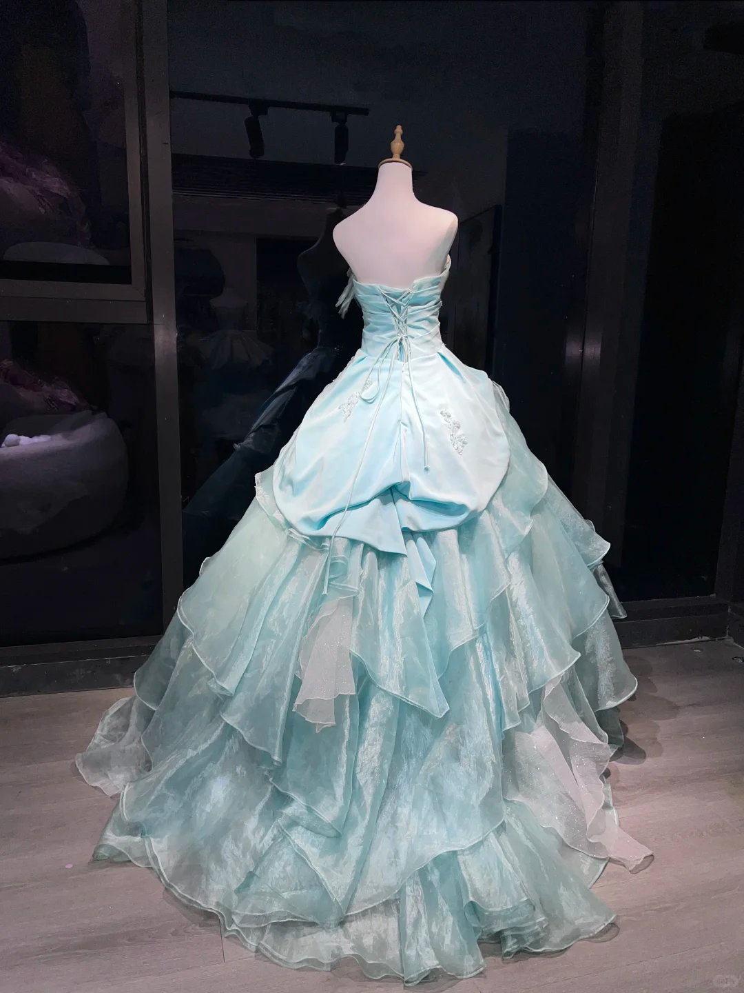 Strapless Mint Blue Prom Dress Beaded Embroidery 3D Flower Layered Organza Ball Gown  NV7059