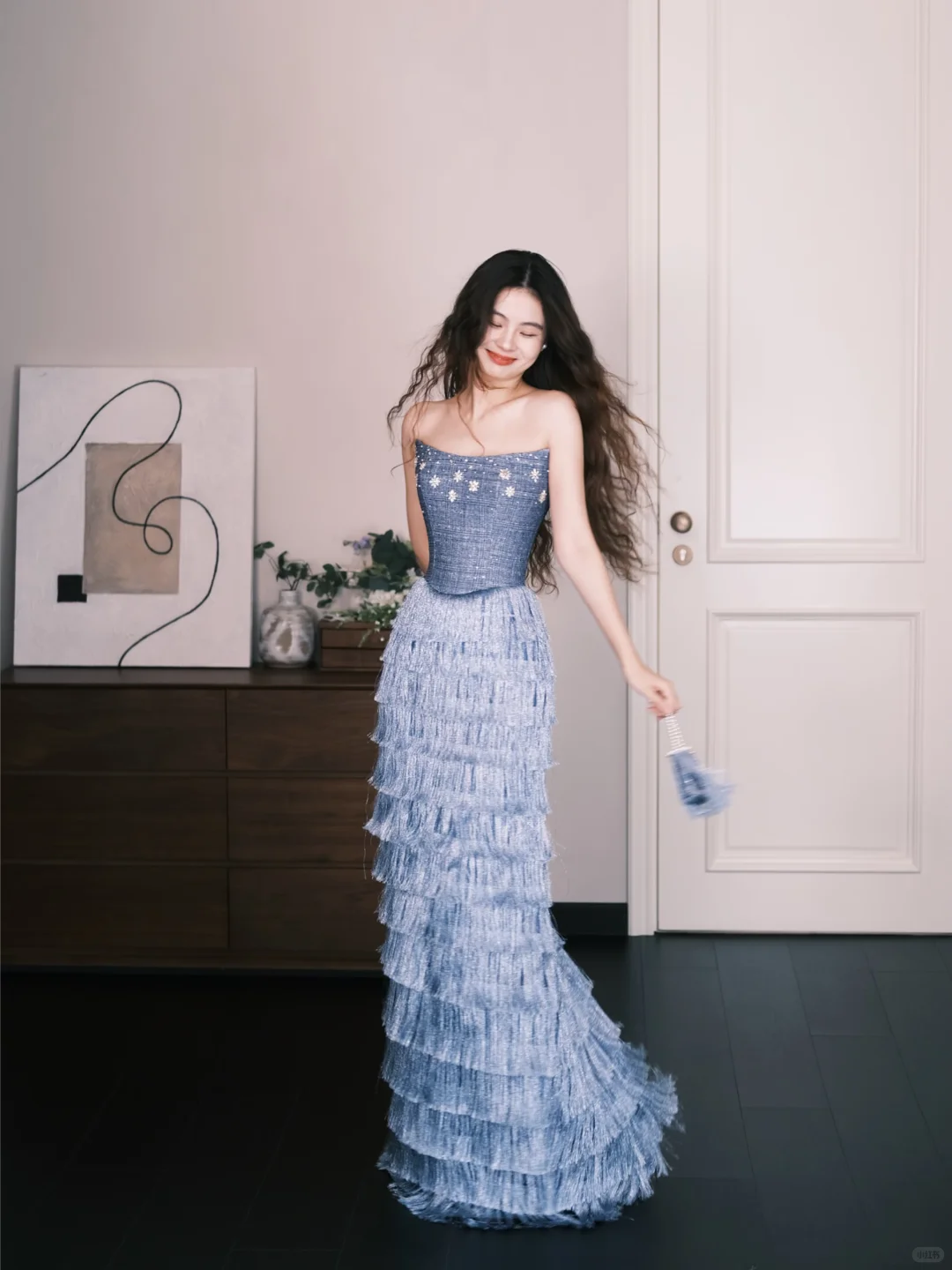 Strapless Dusty Blue Fringe Mermaid Prom Dress, Rhinestone Embellished Evening Gown  NV7330