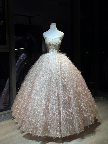 Light Pink Strapless Ball Gown, Sweetheart Neck Beaded Embroidery Sparkly Feather Tassel Skirt Prom Dress  NV7090