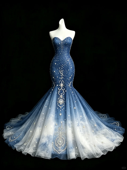 Blue to White Ombre Starry Sky Mermaid Prom Dress, Strapless Beaded Glitter Tulle Evening Gown  NV7456