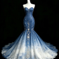Blue to White Ombre Starry Sky Mermaid Prom Dress, Strapless Beaded Glitter Tulle Evening Gown  NV7456