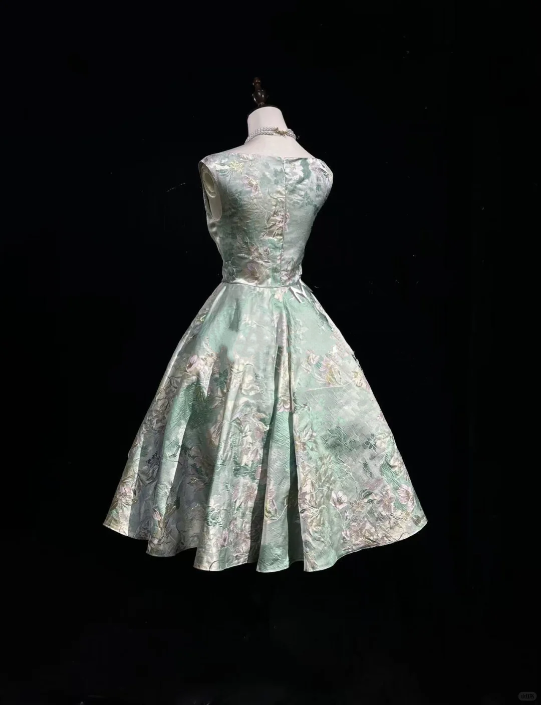 Off Shoulder Mint Green Vintage Prom Dress Floral Jacquard Satin Fit and Flare Tea Length Formal Gown  NV6906