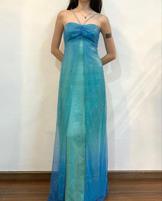 Blue shiny fashion gradient spray gold retro elegant sling long tulle ball gown evening dress party dress nv2761 nv2761