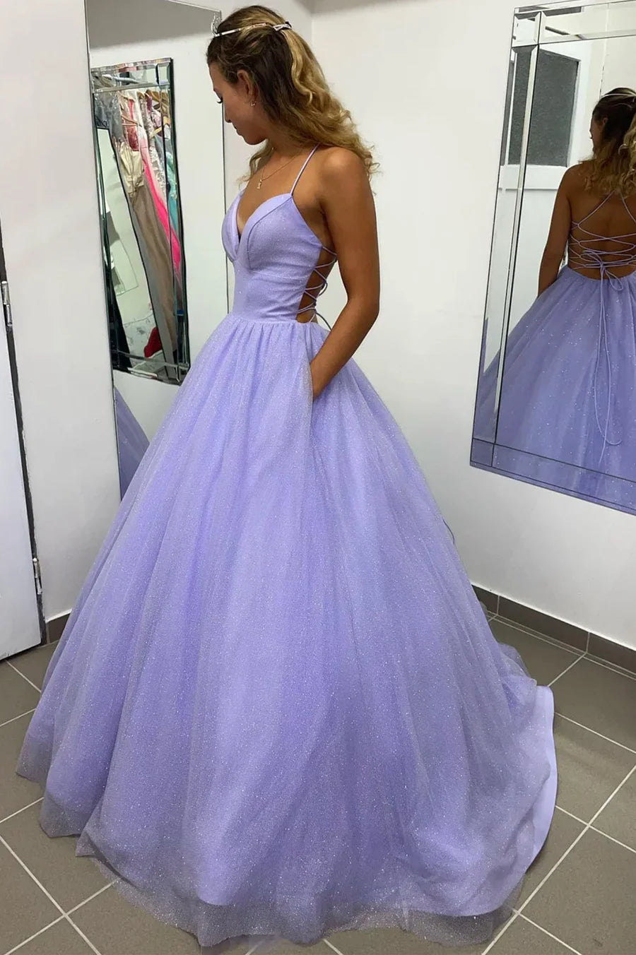 Purple Tulle Long A-Line Prom Dress, Purple Backless Evening Dress nv1444