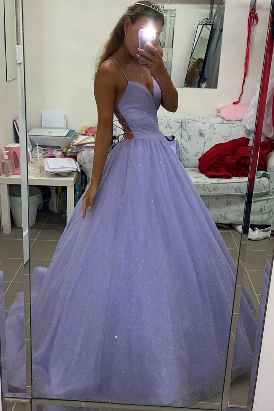 Purple Tulle Long A-Line Prom Dress, Purple Backless Evening Dress nv1444