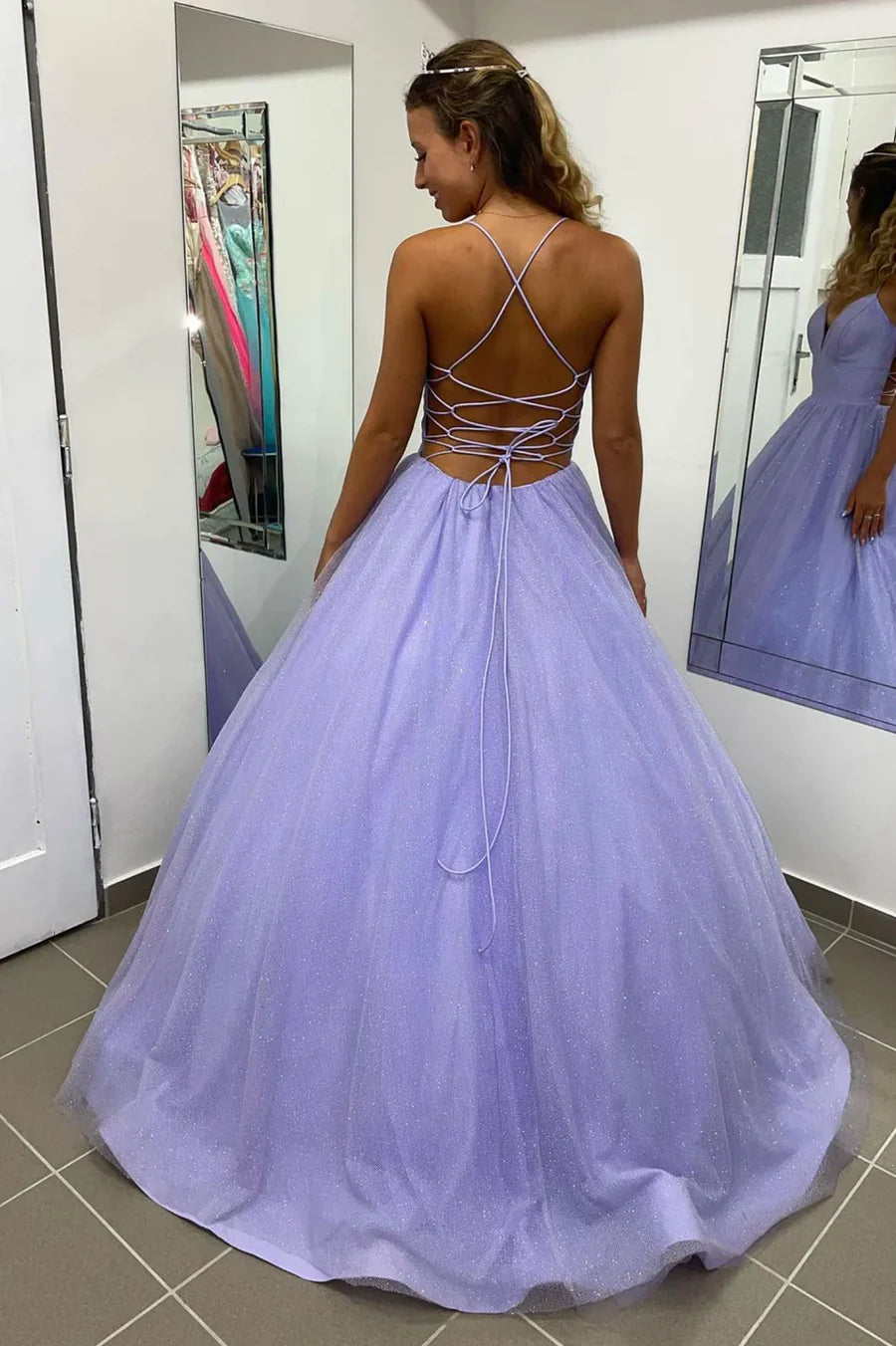 Purple Tulle Long A-Line Prom Dress, Purple Backless Evening Dress nv1444