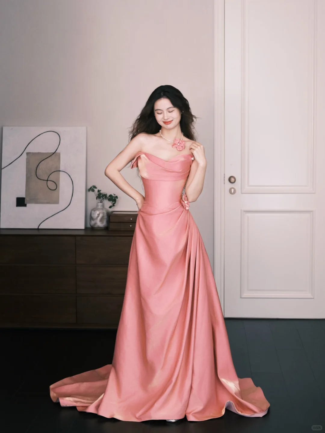 Strapless Cowl Neck Dusty Pink Satin Evening Dress with 3D Flower  NV7358