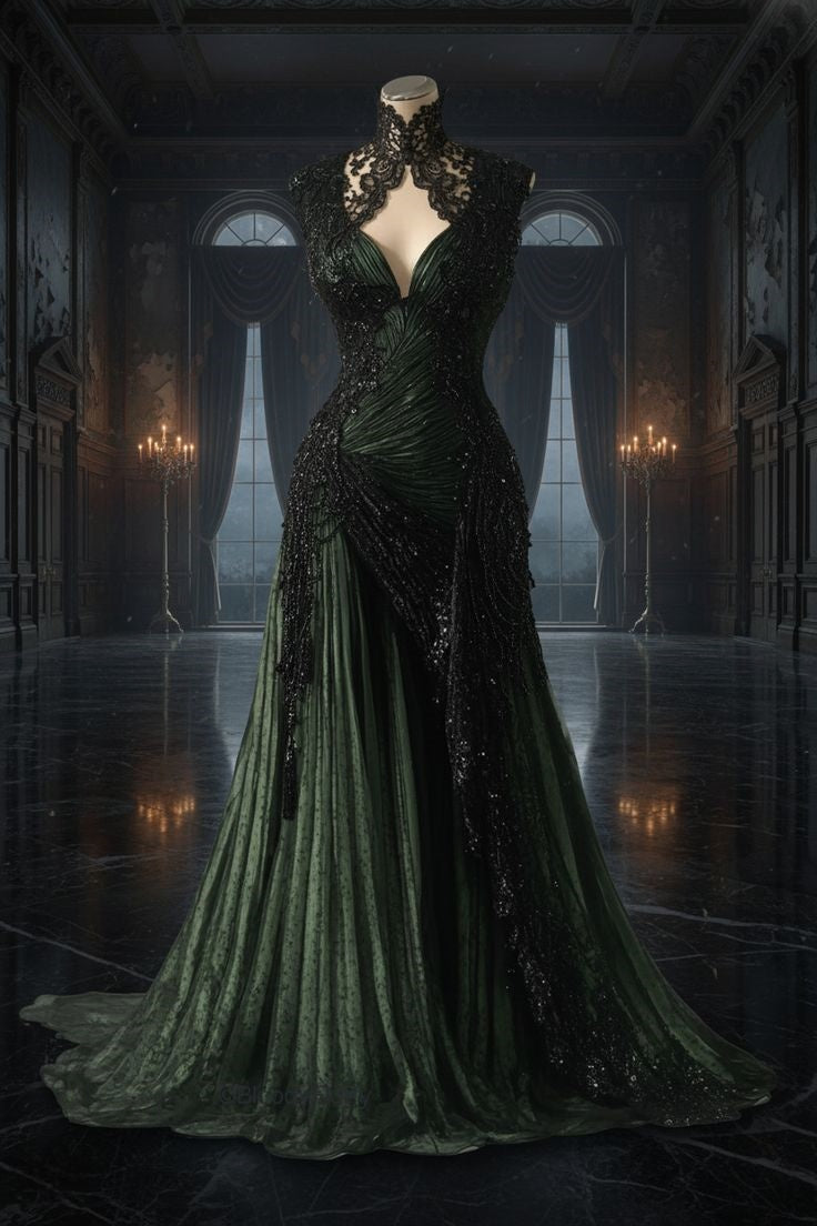 Robe longue gothique sombre à col montant et décolleté en V plongeant | Robe maxi en velours noir et émeraude contrasté, ornée de perles, idéale pour une soirée rétro ou un dîner chic NV6291