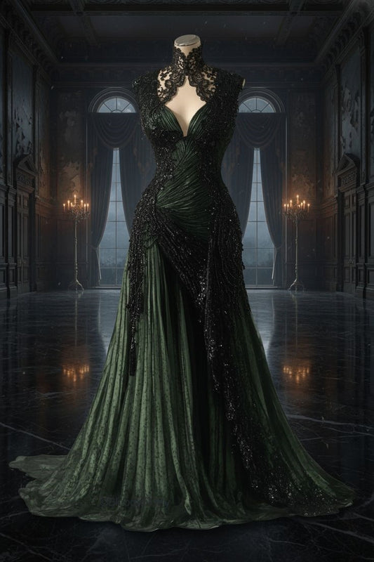 Robe longue gothique sombre à col montant et décolleté en V plongeant | Robe maxi en velours noir et émeraude contrasté, ornée de perles, idéale pour une soirée rétro ou un dîner chic NV6291