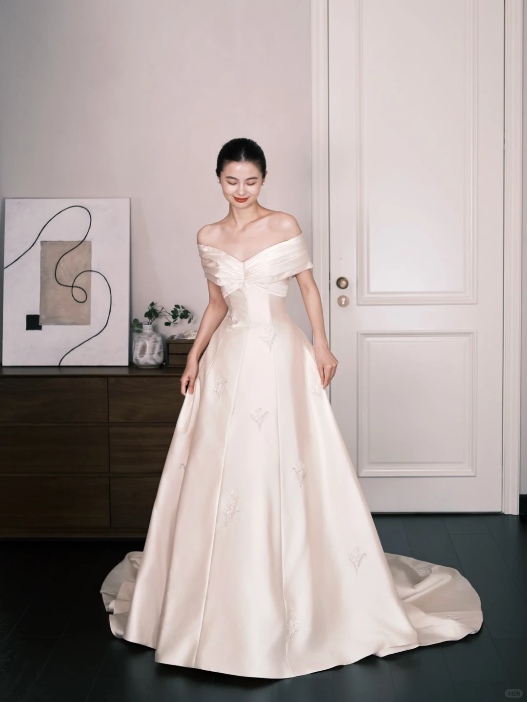 Off Shoulder Satin Ballgown Wedding Dress, Ivory Embroidered Bridal Gown  NV7285