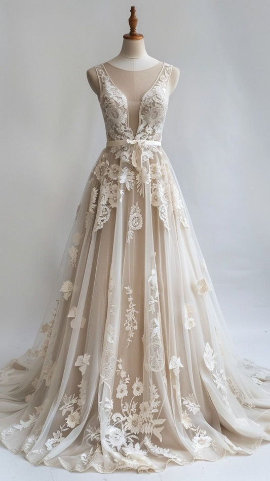 Robe de mariée légère sans manches en tulle nude ornée de dentelle 3D, longueur au sol, NiceVestidos NV6206