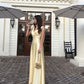 Light Yellow Simple V-neck A-line Satin Long Prom Dress Banquet Dress Evening Dress Party Dress nv2500