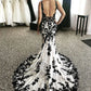 Robe de mariée rétro noire et blanche à fines bretelles en dentelle | Robe longue sirène à traîne, motif encre, idéale pour un gala, une soirée sur tapis rouge ou un événement mondain haut de gamme NV6266