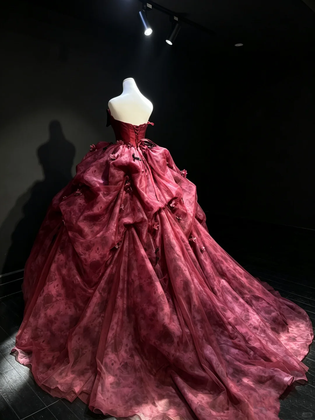 Burgundy Strapless Vintage Princess Ball Gown Black Bow 3D Flowers Printed Organza Long Evening Gown  NV7010