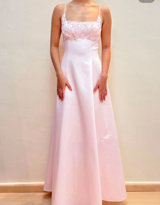 Pink Elegant Fashion Exquisite Floral Embroidery Spaghetti Straps Long Satin Floor Length Ball Gown Evening Dress Party Dress nv3743