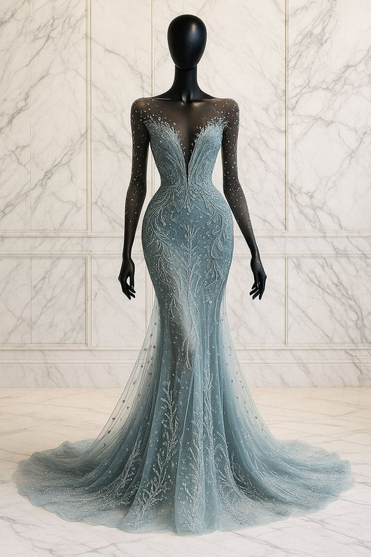 Robe longue en tulle bleu clair ornée de dentelle délicate et de perles NiceVestidos NV6132