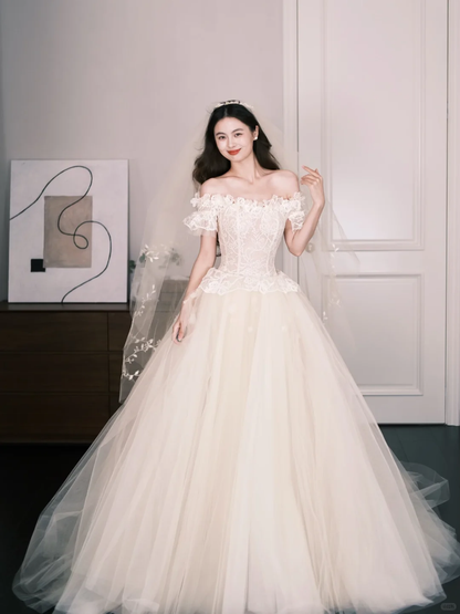 Off Shoulder Lace Tulle Ballgown Wedding Dress, Ivory Puff Sleeve Bridal Gown  NV7286