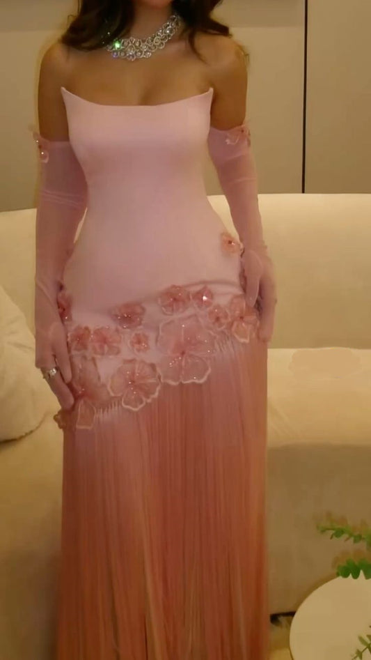 Pink exquisite floral long chiffon prom dress evening dress wedding guest party dress nv5212