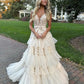 Champagne V Neck Tulle Lace Long Prom Dress, Champagne Formal Dress nv1522