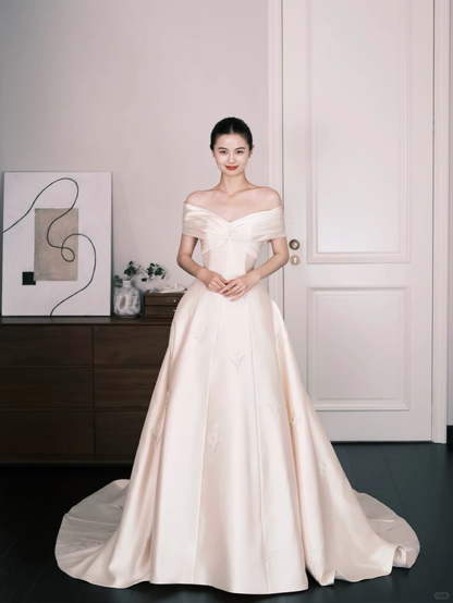 Off Shoulder Satin Ballgown Wedding Dress, Ivory Embroidered Bridal Gown  NV7285
